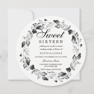 Convite Pão Branco e Preto Elegante Wreath Sweet 16 Invite
