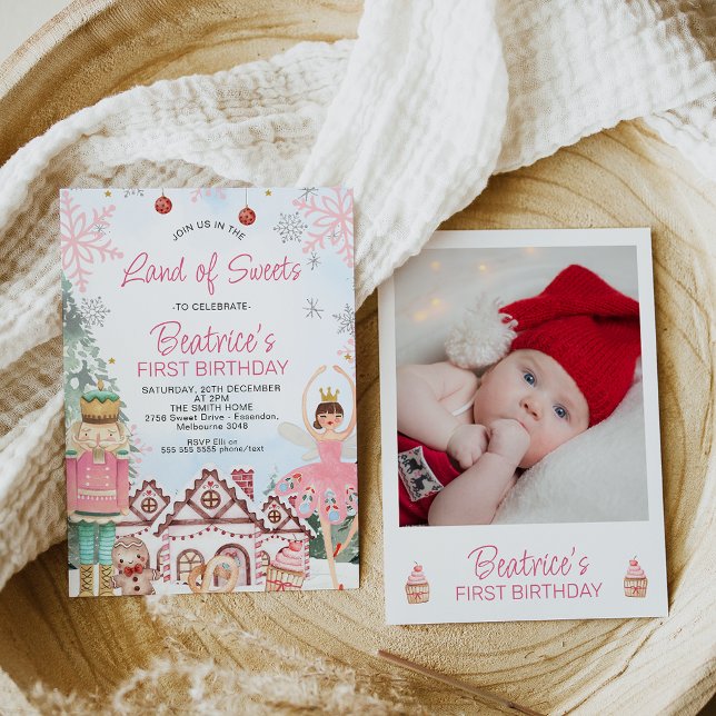 Convite Pão de Açúcar Foto Fada Pão de Gingerpão Aniversár (Land of sweets Nutcracker birthday invite with various items form the ballet and a photo on the back)