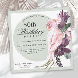 Convite Papagaio Rosa Tropical e Sage Floral 50º Aniversár<br><div class="desc">Planeje uma inesquecível celebração de 50 anos (ou qualquer outra idade) com um tema tropical boho maravilhoso que é tão feminino! Este único convite quadrado tem um papagaio rosa exótico sentado sobre um buquê de flores tropicais exuberantes que incluem proteína roxa e orquídeas com vinhas rasteiras e verde. Um quadro...</div>