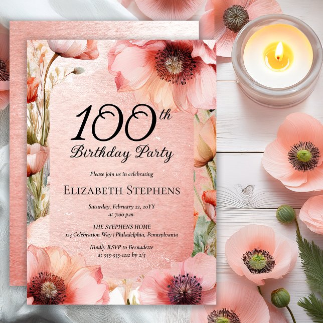 Convite Papagaios Rosa Elegantes Floral 100ª Festa de aniv (Elegant Pink Poppies Floral 100th Birthday Party Invitation - Print | Digital Download)