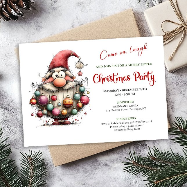 Convite Papai Noel Alegre e Divertido Vermelho e Verde Fes (Happy Funny Santa Red and Green Festive Party Invite)
