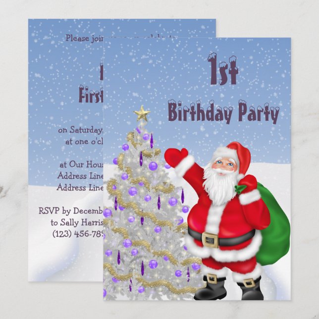 Convite Papai Noel & Árvore de Natal Aniversário de 1 ano (Frente/Verso)