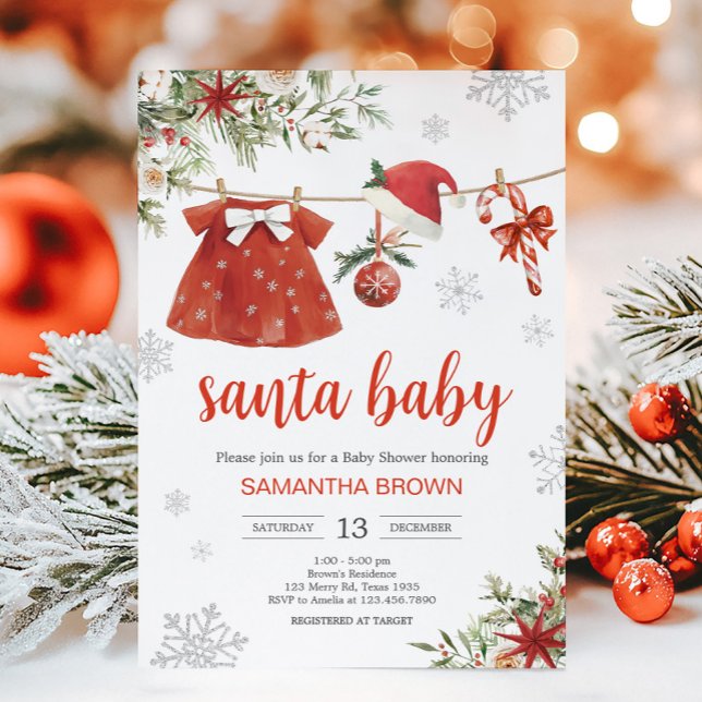 Convite Papai noel de Natal da Red Girl (Santa Baby Clothesline Baby Shower Invitation)