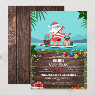 Convite Papai Noel e seu Pug em uma prancha de surfe      