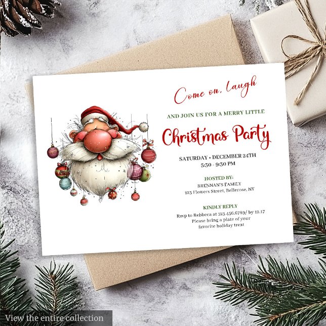 Convite Papai Noel Excêntrico Clássico Vermelho Verde Feri (Quirky Santa Claus Classic Red Green Holiday Invite)