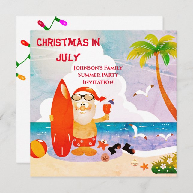 Convite Papai Noel Fofo Festa de Natal em Julho no Verão   (Frente/Verso)