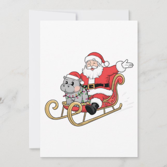 Convite Papai Noel pilotando trenó com um hipopótamo bebê  (Frente)