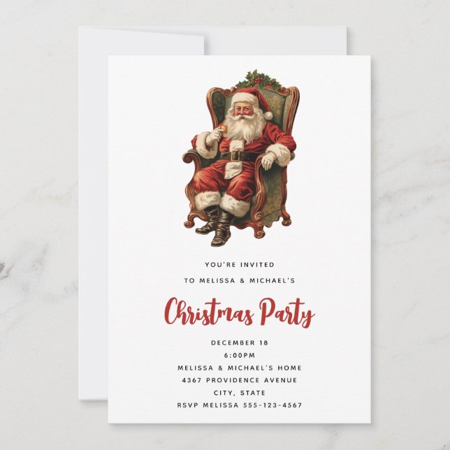 Convite Papai Noel retrô sentado em uma cadeira de Natal (Frente)