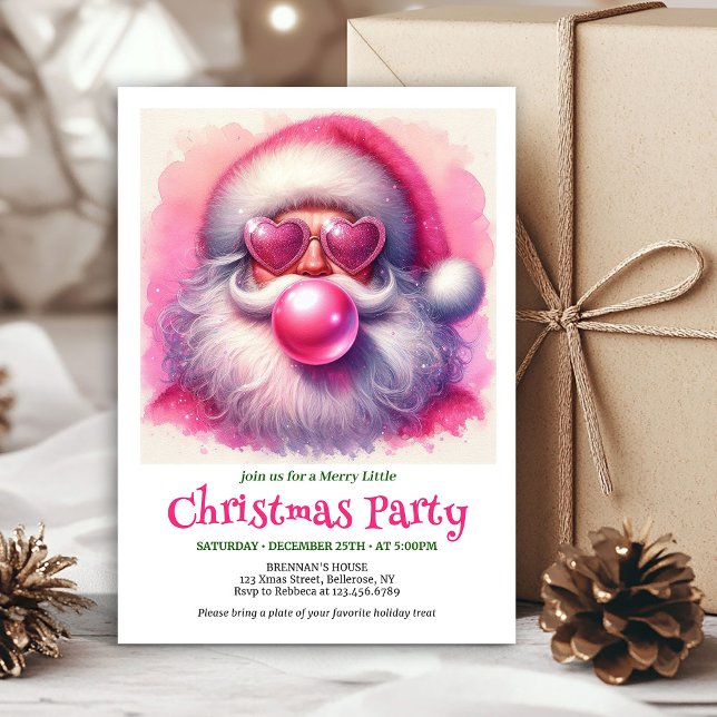 Convite Papai Noel rosa alegre mascando chiclete aquarela  (Jolly pink santa chewing gum watercolor holiday invite)