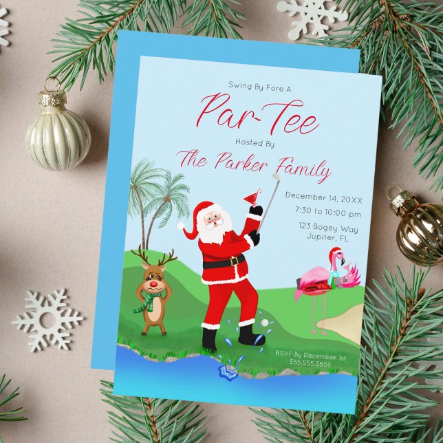 Convite Papai Noel se divertindo fora d'água com festa Mar (Swing into festive fun with our 'Par-Tee This Christmas!' invitation!)