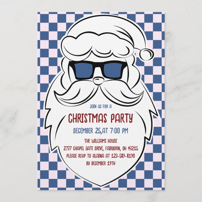 Convite Papai Noel Xadrez Azul e Rosa Retrô Natal (Frente)