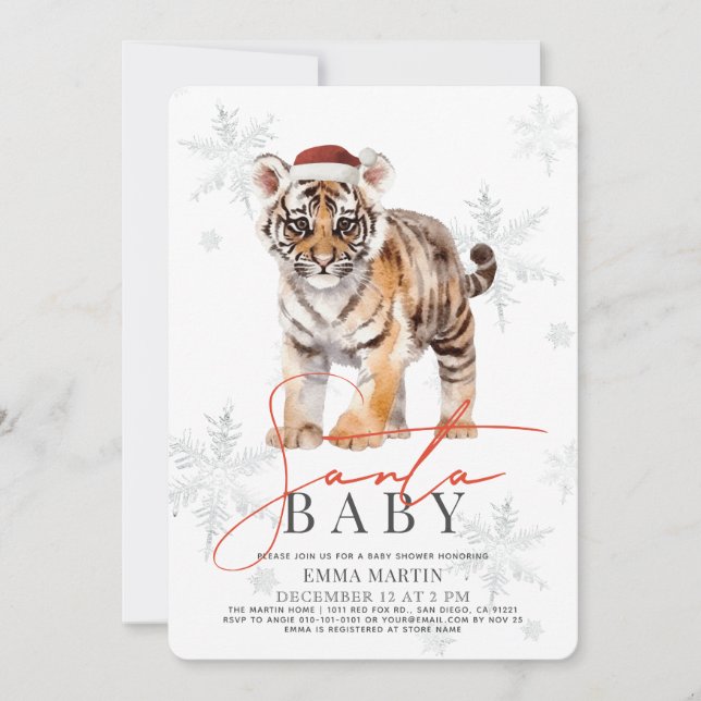 Convite Papais noeis Baby Tiger Snowflakes Chá de fraldas (Frente)