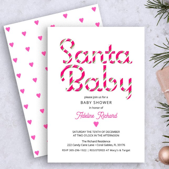 Convite Papais noeis Bebê Rosa Chá de fraldas de Natal Con (Pink candy cane Santa baby Christmas baby shower)