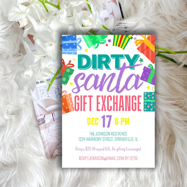 Convite Papais noeis Brilhantes Coloridos Dirty Parte de T ( Bright Colorful Dirty Santa Gift Exchange Party Invitation)