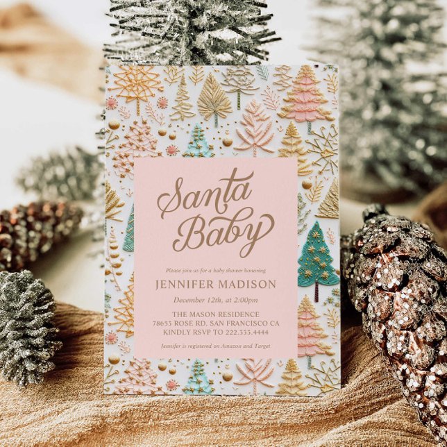 Convite Papais noeis Chá de fraldas de Baby Girl (Elegant Santa Baby Girl Baby Shower Invitation)