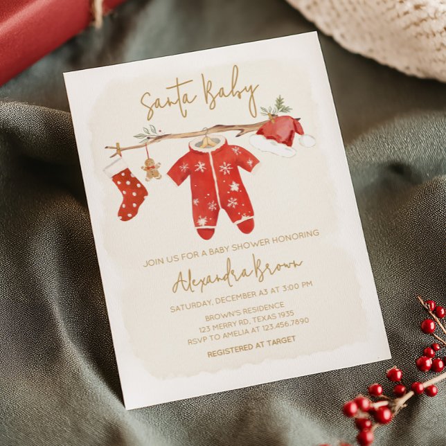 Convite Papais noeis Chá de fraldas de Natal (Santa Baby Clothesline Christmas Baby Shower Invitation)