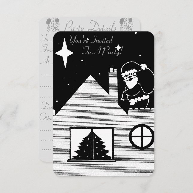 Convite papais noeis com festas de Natal preto e branco (Frente/Verso)