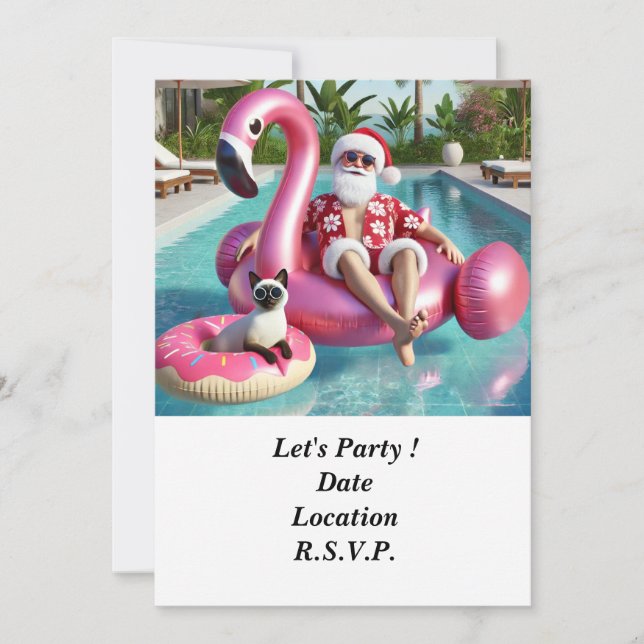 Convite Papais noeis com Natal de gato na Festa de Piscina (Frente)