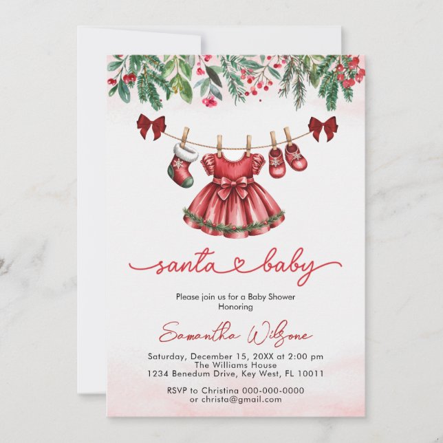 Convite Papais noeis de Natal bonitos Chá de fraldas de ro (Frente)