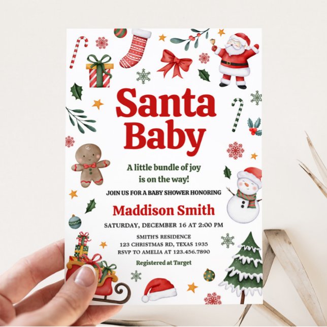 Convite Papais noeis de Natal Chá de fraldas (Christmas Santa Baby Baby Shower Invitation)