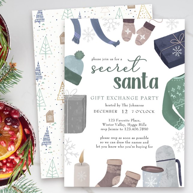 Convite Papais noeis secretos Cozy Winter Gift Exchange Pa (Secret Santa Holiday Gift Exchange Party Invitation)
