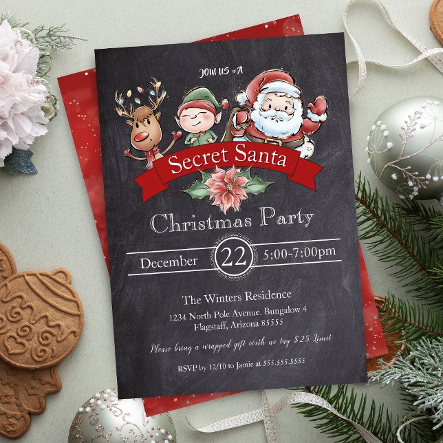 Convite Papais noeis Secretos de Troca de Presentes de Qua (secret santa party invitations for holiday office party annual christmas party or gift exchange)
