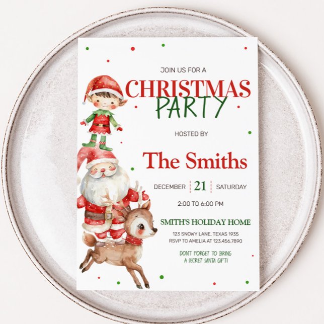Convite Papais noeis Secretos Reindeer Elf Kids Festa de N (Santa Reindeer Elf Kids Christmas Party Invitation)