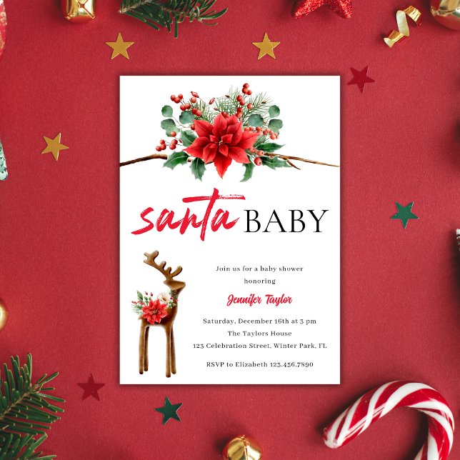 Convite Papais noeis vermelhos brancos Natal bebê Chá de f (Greenery Red Santa Baby Christmas Baby Shower Invitation)