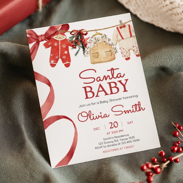 Convite Papais noeis vermelhos Chá de fraldas de Natal (Santa Baby Christmas Clothes Baby Shower Invitation)