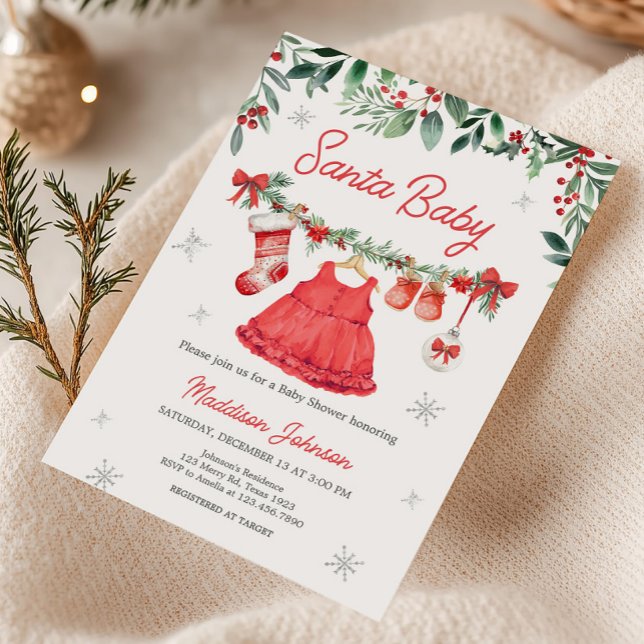 Convite Papais noeis vermelhos Chá de fraldas festivo (Santa Baby Clothesline Baby Shower Invitation)