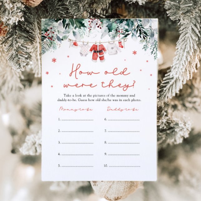 Convite Papais noeis Vermelhos De Natal Chá de fraldas Qua (Watercolor Cute Christmas Red Santa Baby Shower How Old Were They Game)