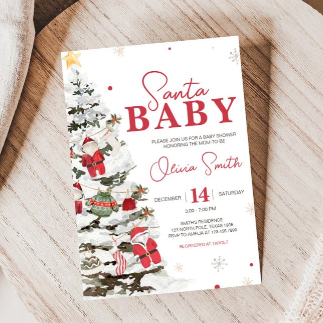 Convite Papais noeis Vestes de Bebê Chá de fraldas de Nata (Santa Baby Christmas Baby Shower Invitation)