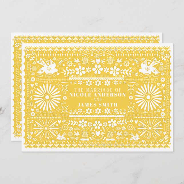 Convite Papel Amarelo Branco Picado Mexicano Casamento (Frente/Verso)