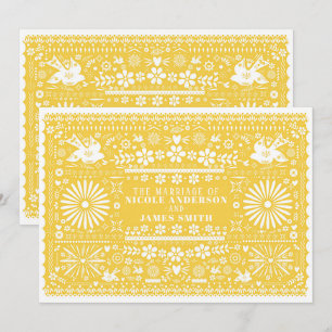 Convite Papel Amarelo Branco Picado Mexicano Casamento