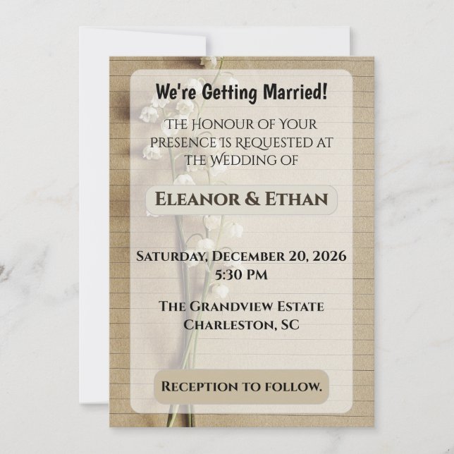 Convite Papel Antigo Rústico com Listras Lírio-do-Vale Con (Frente)