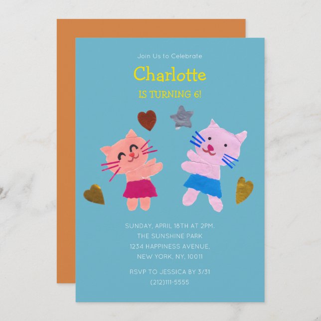 Convite Papel azul Aniversário de criança Gatos Cujos Gato (Frente/Verso)