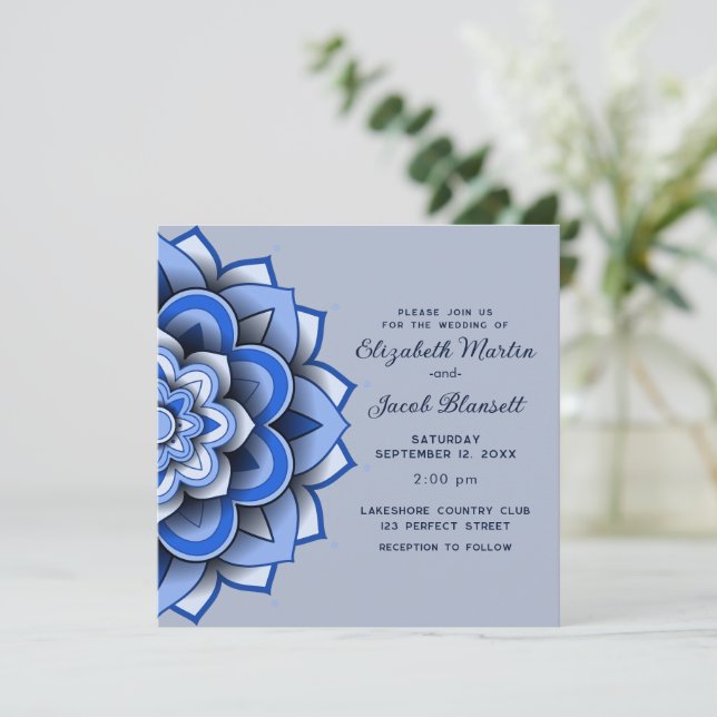 Convite Papel Azul Moderno corta Mandala Casamento (Em pé/Frente)