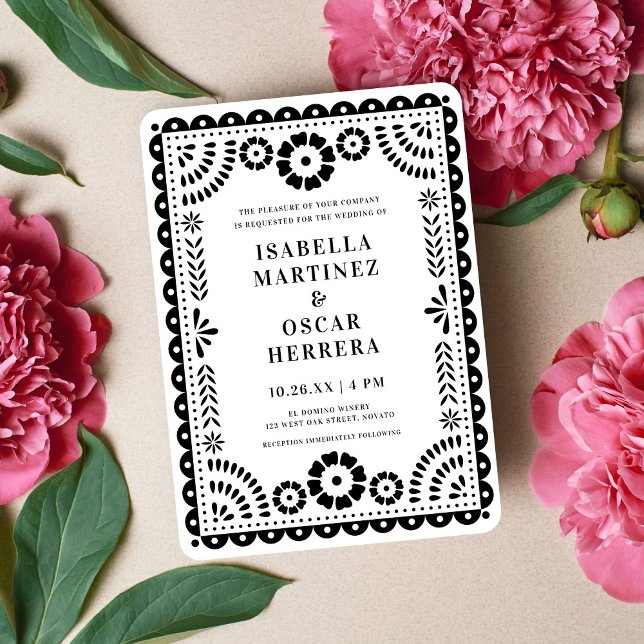 Convite Papel branco e preto Picado foi inspirado no casam (Criador carregado)