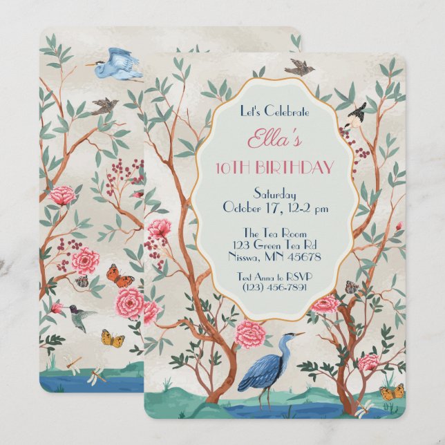 Convite Papel de Parede Chinoiserie com Garça em Folha Fal (Frente/Verso)