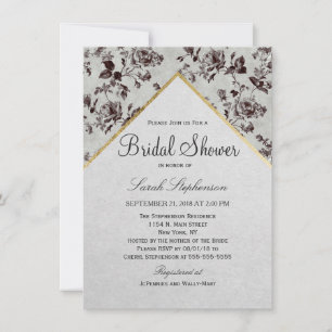 Convite Papel de Reciclado Floral e Dourado Preto e Branco