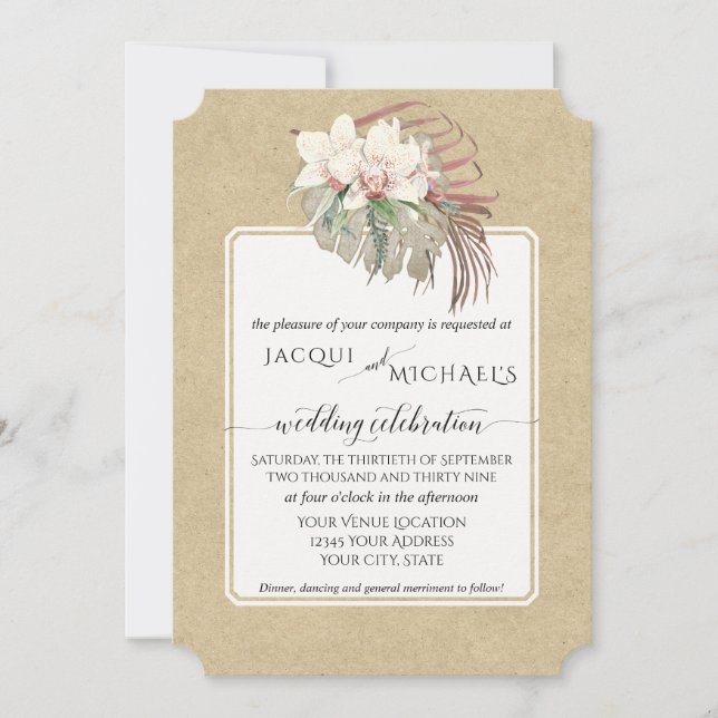 Convite Papel Kraft Folhas Tropicais Flor de Orquídea Bran (Frente)