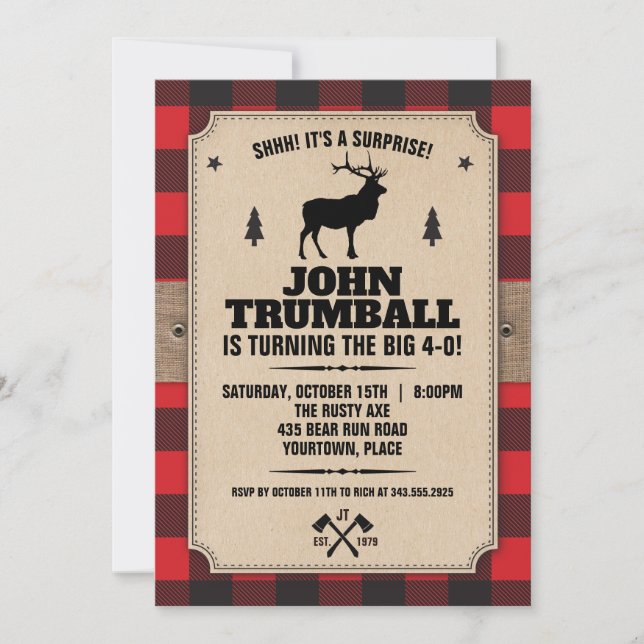 Convite Papel Kraft Rústico com Xadrez de Búfalo e Alce (Frente)