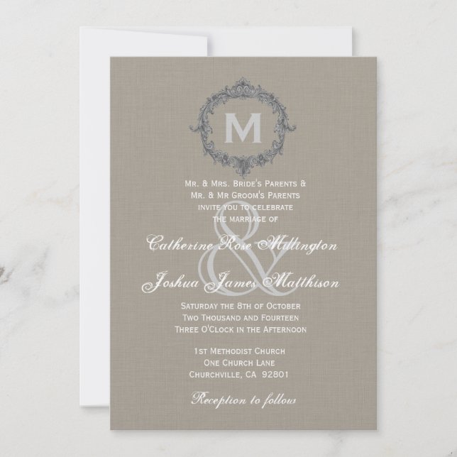 Convite Papel Linen de Casamento de Pebble e Cinza Monogra (Frente)