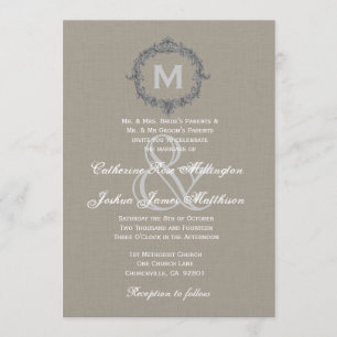 Convite Papel Linen de Casamento de Pebble e Cinza Monogra