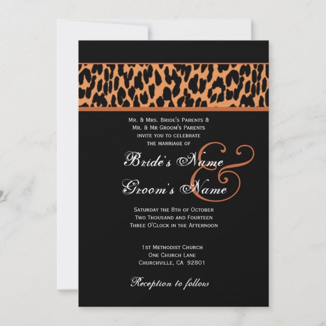 Convite Papel Metálico de Casamento de Leopardo Laranja e  (Frente)