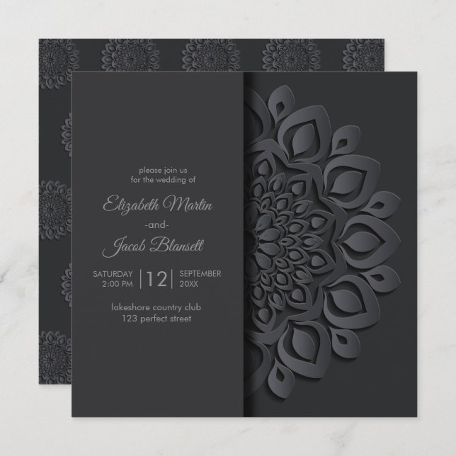 Convite Papel Negro Moderno corta Casamento de Mandala Pee (Frente/Verso)