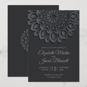 Convite Papel Negro Moderno corta Mandala Casamento