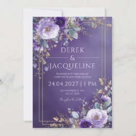 Convite Papel Ouro Roxo Real Lavanda Floral Casamento
