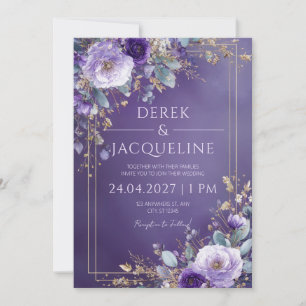 Convite Papel Ouro Roxo Real Lavanda Floral Casamento