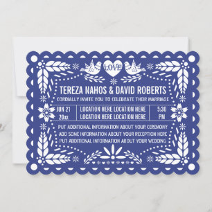 Convite Papel picado ama pássaros azul escuro fiesta casam